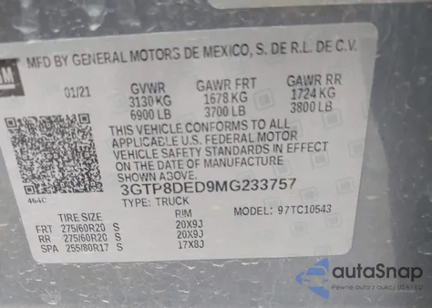 2021 GMC Sierra 1500 2Wd Short Box Slt from USA, damaged, VIN 3GTP8DED9MG233757